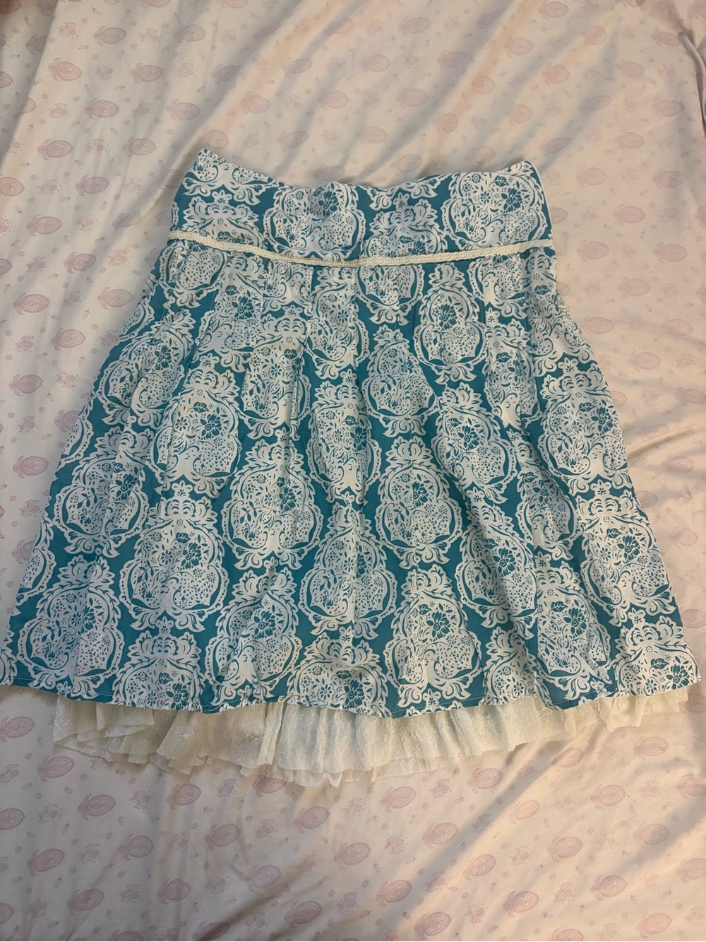 American Rag Teal and White Printed Skater Skirt with Ruffle Trim